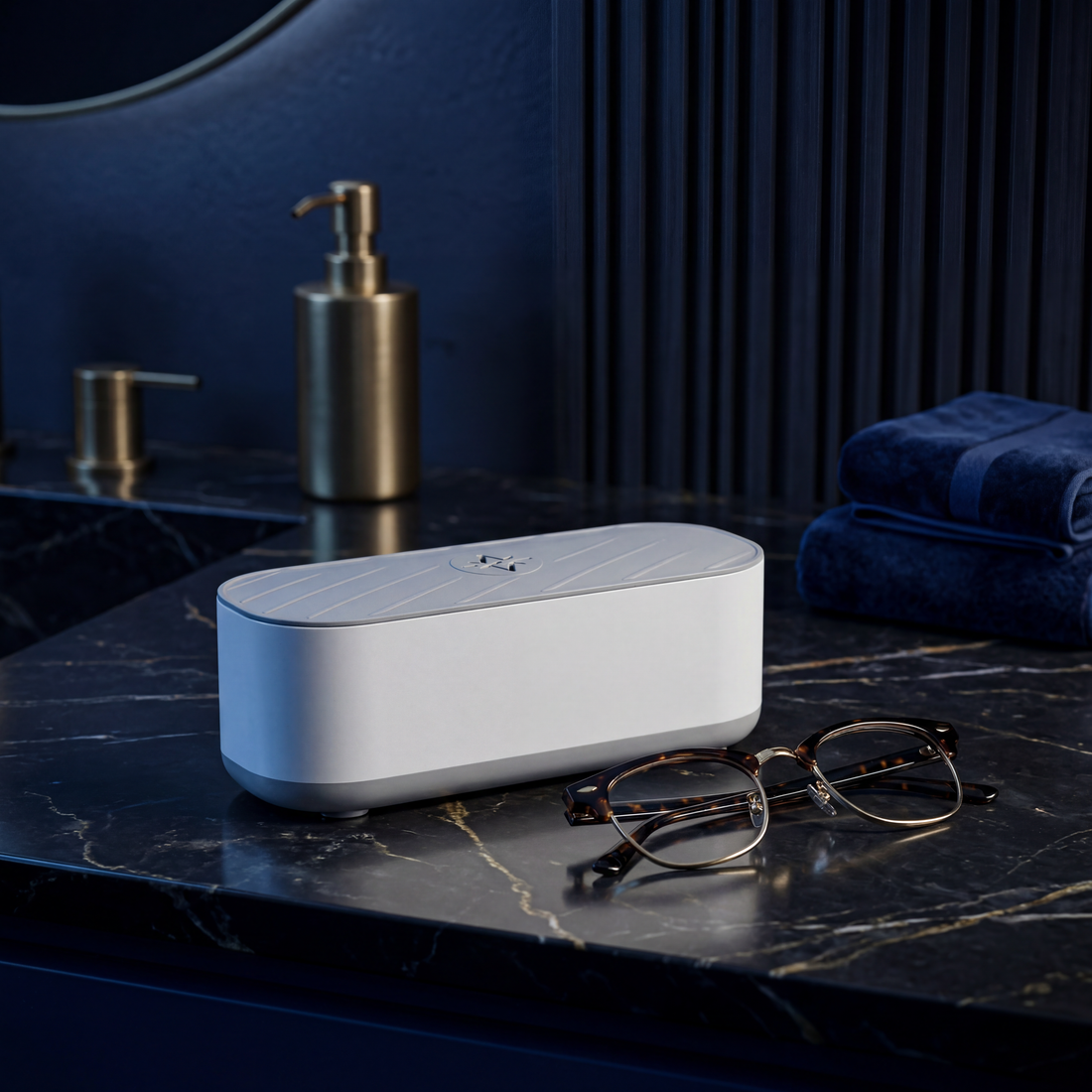 Lensio ultrasonic glasses cleaner on a bathroom counter