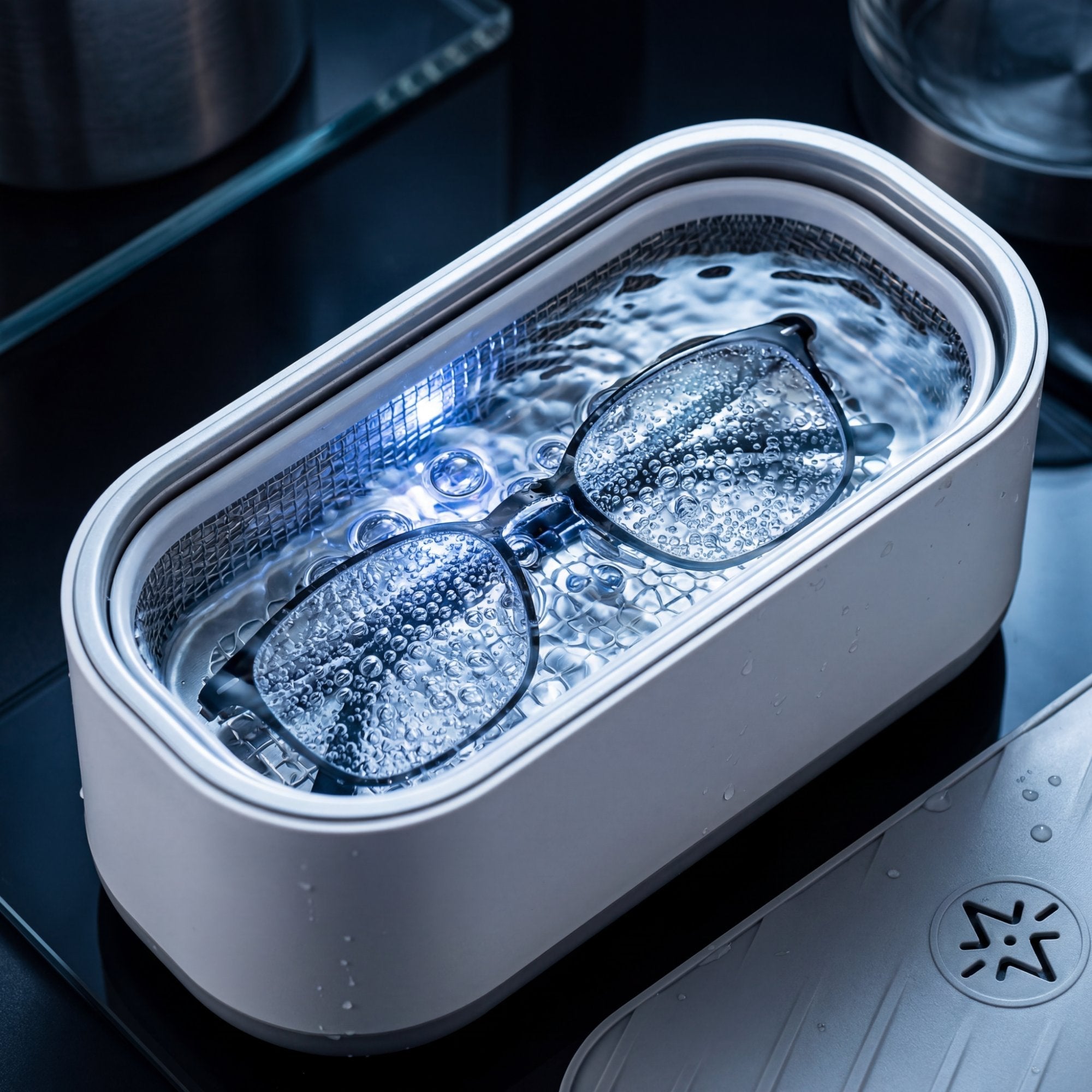 Glasses being cleaned in a Lensio ultrasonic cleaner