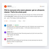 Reddit thread in r/glasses: an ultrasonic cleaner PSA with an optometrist confirming it is safe and buyers raving
