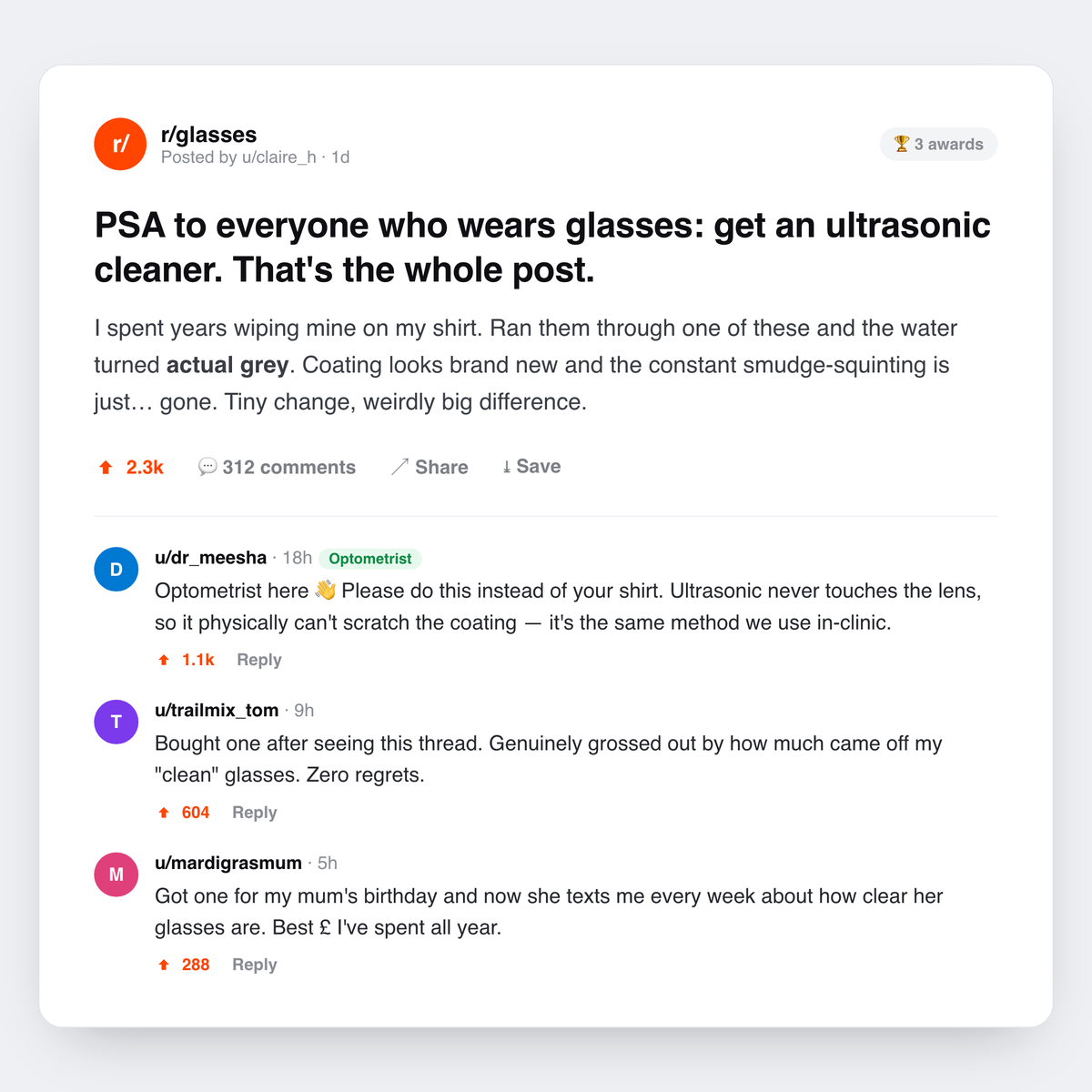 Reddit thread in r/glasses: an ultrasonic cleaner PSA with an optometrist confirming it is safe and buyers raving