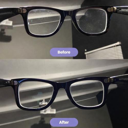 Glasses before and after ultrasonic cleaning with Lensio