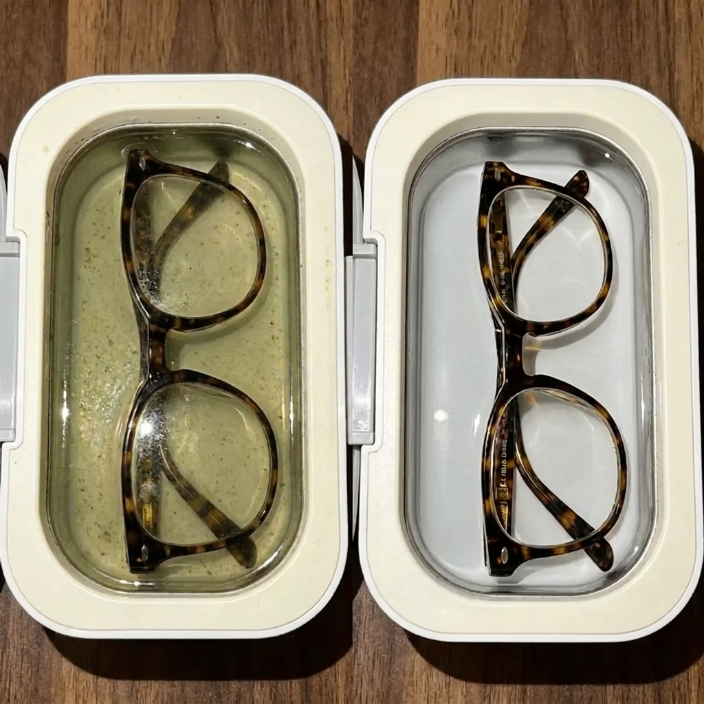 The same glasses before and after Lensio, filthy grey water beside clear water
